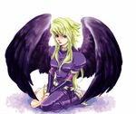  angel_wings barefoot blonde_hair blue_eyes breath_of_fire breath_of_fire_ii feet female full_body long_hair nina_(breath_of_fire_ii) sitting skirt solo time-flies white_background wings 