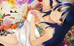  bare_shoulders bed_sheet black_eyes blue_hair breasts cleavage highres jpeg_artifacts large_breasts long_hair naked_sheet nude sitting smile snyp solo tanaka_takayuki tattoo third-party_edit wallpaper watermark 