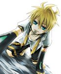  bed blonde_hair blue_eyes condom condom_in_mouth detached_sleeves headset kagamine_len lowres male male_focus mouth_hold naughty_face necktie school_uniform serafuku solo tattoo vocaloid 