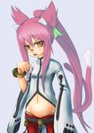  animal_ears arc_system_works bell belt blazblue bracelet cat_ears cat_eyes cat_tail female glasses green_ribbon huster_ham jewelry kokonoe labcoat long_hair midriff multiple_tails open_mouth orange_eyes pants pink_hair ponytail ribbon simple_background slit_pupils solo tail 