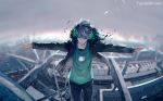  1boy blurry blurry_background city closed_mouth day eyes_closed fisheye_placebo frey_(fisheye_placebo) fur_collar highres jacket open_clothes open_jacket outdoors outstretched_arms overcast silver_hair solo spread_arms standing watermark web_address wenqing_yan wind 