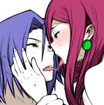  1boy 1girl blue_eyes blush creatures_(company) earrings esouko eyebrows game_freak green_eyes highres jewelry kojirou_(pokemon) long_hair musashi_(pokemon) nintendo pink_hair pokemon purple_hair short_hair simple_background tongue tongue_out very_long_hair white_background 