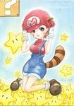  1girl ?_block animal_ears bincho_tan blue_eyes boots breasts brown_hair female full_body genderswap gloves hat koharukotora mario mario_(series) nintendo open_mouth overalls raccoon_ears raccoon_girl raccoon_tail short_hair solo star super_mario super_mario_bros. tail 