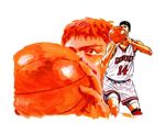  ball basketball black_eyes black_hair holding inoue_takehiko jersey kneeband male male_focus mitsui_hisashi short_hair short_pants simple_background slam_dunk taking_aim wallpaper 