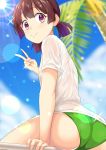  1girl ass blush breasts brown_hair buruma closed_mouth cloud eyebrows eyebrows_visible_through_hair green_buruma guchiaki light_beam looking_at_viewer maiko_chimari outdoors palm_tree pastel_memories purple_eyes shiny shiny_hair shiny_skin shirt short_twintails sky small_breasts smile solo sunlight tree twintails v wet wet_clothes wet_shirt 