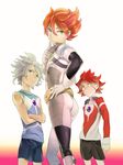  3boys ass bodysuit from_behind green_eyes inazuma_eleven inazuma_eleven_(series) kiyama_hiroto male male_focus multiple_boys nagumo_haruya red_hair suzuno_fuusuke white_hair 