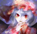  blue_hair blush hat lowres red_eyes remilia_scarlet short_hair solo touhou wings wrist_cuffs 