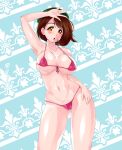  1girl absurdres beret bikini blush breasts brown_eyes brown_hair cleavage creatures_(company) eyebrows female_protagonist_(pokemon_swsh) game_freak hat highres large_breasts looking_at_viewer matching_hair/eyes navel nintendo open_mouth pokemon pokemon_swsh short_hair solo standing stomach swimsuit 