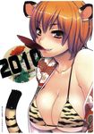  animal_ears bikini breasts cleavage cup duplicate fang highres japanese_clothes large_breasts mouth_hold orange_hair sakazuki short_hair smile solo sumeragi_kohaku swimsuit tail tiger_ears tiger_stripes tiger_tail 