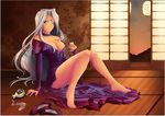  1girl aa_megami-sama alcohol bare_shoulders barefoot breasts cleavage dark_skin dress drunk facial_mark feet forehead_mark high_heels nipple_slip nipples panties purple_eyes sake silver_hair solo underwear urd white_hair wink 