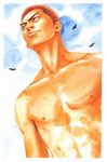  bird birds brown_eyes cloud clouds dutch_angle frown inoue_takehiko looking_up male male_focus red_hair sakuragi_hanamichi short_hair sky slam_dunk smile topless 