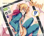  1boy alternate_costume blonde_hair camera cellphone glasses hood hoodie kagamine_len male male_focus phone ponytail riritto smile solo spice!_(vocaloid) vocaloid wink 