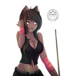  animal_ears azusa_kitade_render bangs billiards black_clothing breasts brown_hair cat_ears cat_girl cleavage dark_skin female hazel_eyes large_breasts midriff neko photoshop pool_cue smile smiling solo tan_skin 