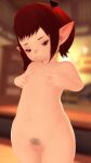  9:16 blurred_background breasts female final_fantasy final_fantasy_xiv genitals hi_res humanoid humanoid_pointy_ears lalafell lalamaet navel nipples not_furry nude pubic_stubble pussy small_breasts solo square_enix video_games 