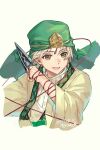  1boy artist_name bangs blonde_hair brown_eyes dagger dated freckles green_headwear holding holding_dagger holding_weapon ichiko_milk_tei ja&#039;far_(magi) keffiyeh knife magi_the_labyrinth_of_magic male_focus open_mouth parted_bangs portrait robe shirt simple_background smile solo string string_of_fate upper_body weapon white_shirt wide_sleeves yellow_robe 