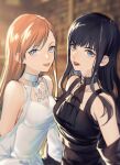  2girls ascot bangs bare_shoulders black_ascot black_choker black_dress black_hair blue_eyes blunt_bangs blurry blurry_background breasts choker detached_sleeves dress final_fantasy final_fantasy_xiv gaia_(ff14) halterneck long_hair looking_at_viewer medium_breasts multiple_girls orange_hair parted_lips red_lips ribbon_choker ryne sleeveless sleeveless_dress smile swept_bangs upper_body white_dress yorukun 