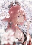  1girl animal_ears bare_shoulders blurry blurry_foreground breasts cherry_blossoms closed_mouth detached_sleeves fox_ears genshin_impact hair_between_eyes hair_ornament headpiece high_collar highres japanese_clothes long_hair looking_at_viewer looking_back medium_breasts mskmmti nontraditional_miko outdoors pink_hair purple_eyes shirt sideboob sleeveless sleeveless_shirt smile solo upper_body white_shirt wide_sleeves yae_miko 