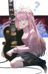  1girl ? bangs black_socks blue_eyes blush bocchi_the_rock! electric_guitar gibson_les_paul gotou_hitori grey_skirt guitar hair_between_eyes hair_cubes hair_ornament highres holding holding_instrument instrument jacket jersey long_hair long_sleeves one_side_up open_mouth oxygen_(nfjs5357) pink_hair pink_jacket pleated_skirt sitting skirt socks solo surprised track_jacket 