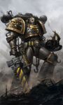  1boy absurdres angry armor armored_boots bald bayonet bolter boots chain chainsword chaos_(warhammer) chaos_space_marine claw_(weapon) evil full_armor full_body grey_sky gun hazard_stripes highres holding holding_gun holding_weapon hook iron_warriors looking_at_viewer military no_headwear open_mouth outdoors pauldrons red_eyes rubble shoulder_armor shoulder_spikes skull_ornament smoke solo space_marine spikes standing teeth trolljuncha warhammer_40k weapon 
