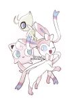  ;d artist_name blue_eyes bright_pupils celebi chirosamu closed_mouth commentary_request commission fang green_eyes heart highres jigglypuff no_humans one_eye_closed open_mouth pokemon pokemon_(creature) signature simple_background smile sylveon white_background white_pupils 