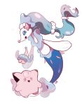  :d blue_eyes blush_stickers chirosamu claws clefairy commentary fang hatenna highres no_humans open_mouth pokemon pokemon_(creature) primarina simple_background smile sparkle symbol-only_commentary white_background 