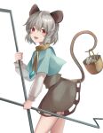  1girl absurdres animal animal_ears black_skirt black_vest blue_capelet blush capelet dowsing_rod grey_hair hair_between_eyes highres holding jewelry koizumo long_sleeves mouse mouse_ears mouse_tail nazrin open_mouth pendant red_eyes short_hair simple_background skirt smile solo tail touhou vest white_background 