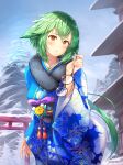  1girl alternate_costume animal_ears architecture bangs blurry cat_ears cat_girl commentary depth_of_field east_asian_architecture english_commentary eyewear_removed fur_scarf genshin_impact glasses green_hair hair_between_eyes highres japanese_clothes kimono long_hair long_sleeves looking_at_viewer low_ponytail mountain new_year obi obiage parted_lips rizihike sash shrine sidelocks snow solo sucrose_(genshin_impact) torii wide_sleeves yellow_eyes 
