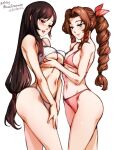  2girls aerith_gainsborough artist_name bangs bare_shoulders bikini black_hair blush braid braided_ponytail breast_hold breasts brown_hair cleavage cowboy_shot dated final_fantasy final_fantasy_vii final_fantasy_vii_remake green_eyes hair_ribbon large_breasts long_hair looking_at_another low-tied_long_hair medium_breasts midriff mina_cream multiple_girls navel parted_bangs parted_lips pink_bikini pink_ribbon red_eyes ribbon sidelocks smile standing swimsuit tifa_lockhart underboob white_background white_bikini yuri 