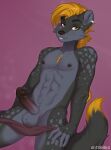  2022 absurd_res antabaka anthro areola artist_name balls biped blonde_hair canid canine clothed clothing digital_media_(artwork) ear_piercing erection eyebrows fur genitals glans grey_body grey_fur hair hi_res looking_at_viewer male mammal markings nipples partially_clothed penis piercing pink_background shaded simple_background solo spots spotted_markings topless underwear underwear_down yellow_eyes yellow_tail_tip 