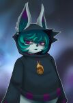  absurd_res blue_body bottomless clothed clothing divine_wine female frown green_hair hair hi_res humanoid inner_ear_fluff jacket league_of_legends lips looking_at_viewer mouth_closed not_furry purple_eyes riot_games solo topwear tuft vex_(lol) video_games yordle 