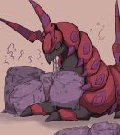  bug centipede commentary_request eating food from_side holding holding_food horns looking_down lying marshmallow no_humans oimo_kenpi on_stomach poison pokemon pokemon_(creature) scolipede solo 