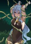  1girl 4tb_(4tera_byte) ahoge armpits arms_up bangs bell black_bodysuit blue_hair blurry blush bodysuit bound bush commentary_request covered_navel depth_of_field ganyu_(genshin_impact) genshin_impact hair_between_eyes highres horns long_hair looking_at_viewer looking_away mouth_hold neck_bell night night_sky purple_eyes restrained sidelocks sky sleeveless solo surprised tentacles tied_up_(nonsexual) torn_clothes 