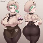  1girl artist_name ass blush breasts cupcake food green_eyes green_hair hat highres huge_ass huge_breasts katy_(pokemon) lactation lactation_through_clothes large_breasts mature_female mole mole_under_eye pokemon pokemon_(game) pokemon_sv rocner scarf solo thick_thighs thighs 