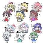  6+girls bat_wings blonde_hair broom cellphone dango fang fedora food frog_hair_ornament gohei green_eyes green_hair hair_ornament hakurei_reimu hat holding holding_broom holding_phone ibaraki_kasen izayoi_sakuya kirisame_marisa knife kochiya_sanae konpaku_youmu konpaku_youmu_(ghost) maid maid_headdress matara_okina mob_cap moriya_suwako multiple_girls nontraditional_miko phone purple_hair re_ghotion red_eyes remilia_scarlet saigyouji_yuyuko sanshoku_dango smartphone sparkling_eyes touhou triangular_headpiece usami_sumireko wagashi wings witch_hat yakumo_yukari yasaka_kanako yellow_eyes 