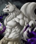  2021 absurd_res anthro asian_clothing biped black_nose canid canine chibikoma claws clothed clothing colored_fire deity digital_media_(artwork) fire fox fur gingitsune gintaro hi_res looking_at_viewer male mammal muscular muscular_anthro muscular_male orange_eyes purple_fire solo white_body white_fur white_tail 
