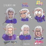  1boy croiplant dark_elf dragon_quest dungeon_meshi elf frown furrowed_brow highres jojo_no_kimyou_na_bouken looking_at_viewer neon_genesis_evangelion ok_k.o.!_let&#039;s_be_heroes panty_&amp;_stocking_with_garterbelt pointy_ears purple_eyes purple_lips purple_shirt sharp_teeth shirt studio_ghibli teeth thistle_(dungeon_meshi) white_hair 