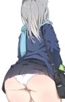  1girl animal_ears ass bag blue_archive cat_ears facing_away from_behind grey_hair highres huge_ass long_hair nikuya_(nikuniku_nikuya) non-web_source panties scarf shiroko_(blue_archive) skirt solo thighs underwear upskirt white_panties 