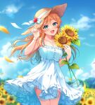  1girl bangs bare_shoulders blonde_hair blue_sky blush bow breasts cleavage dress flower green_eyes hat hat_bow hat_ornament highres holding holding_clothes holding_flower holding_hat indie_virtual_youtuber large_breasts long_hair looking_at_viewer mikami_(mcm_ncb) open_mouth outdoors ritorun_(vtuber) sky sleeveless sleeveless_dress smile solo sunflower sunflower_petals virtual_youtuber white_dress 