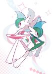  bangs chirosamu closed_mouth colored_skin commentary_request frown full_body gallade green_hair highres looking_back mega_gallade mega_pokemon pokemon pokemon_(creature) red_eyes sparkle white_skin 