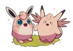  :d chirosamu clefable commentary_request fang full_body grass green_eyes happy korean_commentary looking_up no_humans open_mouth pokemon pokemon_(creature) smile sparkle standing tongue wigglytuff 