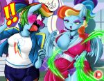  anthro anthrofied big_breasts blue_body blue_feathers blush boastudio breast_size_difference breasts cleavage clothed clothing clothing_lift dress dress_lift equid equine feathers friendship_is_magic hair hasbro hi_res mammal multicolored_hair my_little_pony nipples panties pegasus rainbow_dash_(mlp) rainbow_hair square_crossover underwear wings 