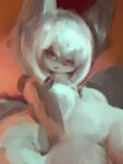  3:4 4_fingers anthro armless bangs black_eyelashes black_nose black_pupils canid canine cloak clothing featureless_crotch female fingers fur hair hasukii kemono long_hair long_tail looking_at_viewer mammal mayumi_lopez_(hasukii) messy_hair narrowed_eyes open_mouth prick_ears pupils red_eyes sitting solo unfinished white_body white_fur white_hair white_tail 
