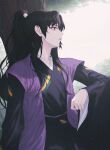  1boy bangs black_hair black_hakama black_kimono hair_over_shoulder hakama hiera12 high_ponytail inuyasha japanese_clothes kimono leaning long_hair long_sleeves looking_to_the_side male_focus naraku_(inuyasha) outdoors parted_bangs parted_lips ponytail purple_vest red_eyes sitting solo tree upper_body vest wavy_hair wide_sleeves 