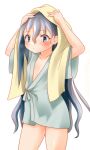  1girl alternate_costume arms_up bathrobe cowboy_shot flat_chest grey_eyes grey_hair hair_between_eyes kantai_collection kiyoshimo_(kancolle) one-hour_drawing_challenge ray.s simple_background solo towel towel_on_head white_background 