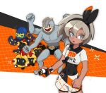  1girl :o bangs bea_(pokemon) black_bodysuit black_hairband blonde_hair bodysuit bodysuit_under_clothes bow_hairband chirosamu clenched_hand commentary_request dynamax_band falinks gloves grapploct grey_eyes hair_between_eyes hairband holding holding_poke_ball machamp open_mouth partially_fingerless_gloves poke_ball pokemon pokemon_(creature) pokemon_(game) pokemon_swsh print_shirt print_shorts shirt short_hair short_sleeves shorts single_glove teeth ultra_ball upper_teeth 