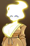  bathrobe big_breasts breasts cleavage clothed clothing elemental_creature elemental_humanoid female fire fire_creature fire_humanoid glowing glowing_body hi_res humanoid looking_at_viewer mouthless no_pupils open_clothing robe simple_background solo standing voideyedpanda yellow_body 