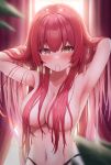  1girl arms_behind_head bangs blush breasts cleavage hair_between_eyes hair_censor hair_over_breasts hair_tie_in_mouth hands_in_hair heterochromia highres hololive houshou_marine large_breasts long_hair looking_at_viewer mouth_hold navel red_eyes red_hair solo suicabar72 upper_body virtual_youtuber yellow_eyes 