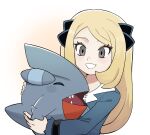  1girl aged_down black_ribbon blonde_hair chirosamu commentary_request cynthia_(pokemon) dress eyelashes gible grey_eyes grin hair_ribbon highres holding holding_pokemon korean_commentary long_hair long_sleeves pokemon pokemon_(anime) pokemon_(creature) pokemon_journeys ribbon smile upper_body 