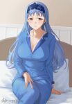  1girl artist_name bed bed_frame blue_hair blue_hairband blue_pajamas blue_pants blue_shirt breasts brown_eyes cleavage closed_mouth commission fire_emblem fire_emblem:_three_houses fire_emblem_warriors:_three_hopes hairband highres large_breasts long_hair marianne_von_edmund nhaliz official_alternate_hairstyle on_bed pajamas pants pillow shirt signature sitting sleepwear smile solo 