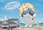  1girl 6+boys blonde_hair blue_eyes blue_jacket boots breasts day gambier_bay_(kancolle) giant giantess hairband jacket kantai_collection large_breasts multiple_boys okubyouha55 outdoors size_difference skirt solo_focus squatting thigh_boots twintails two-tone_hairband white_skirt 